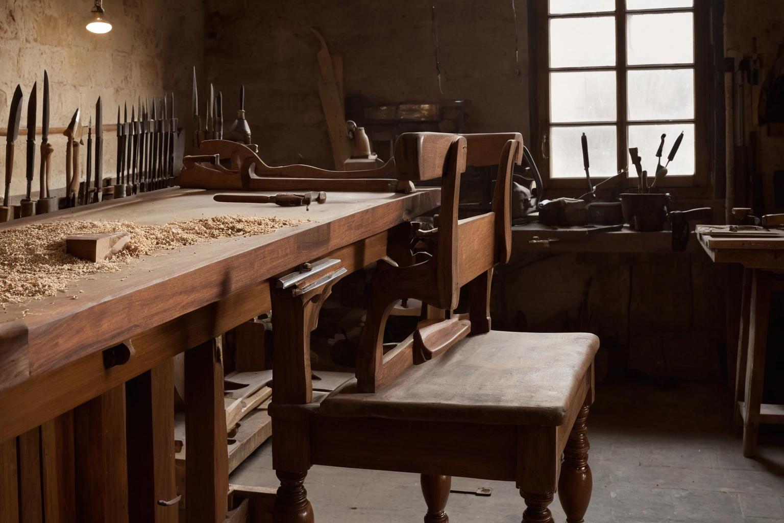 Workbench with carving tools, walnut offcuts and a half-carved chair crest rail