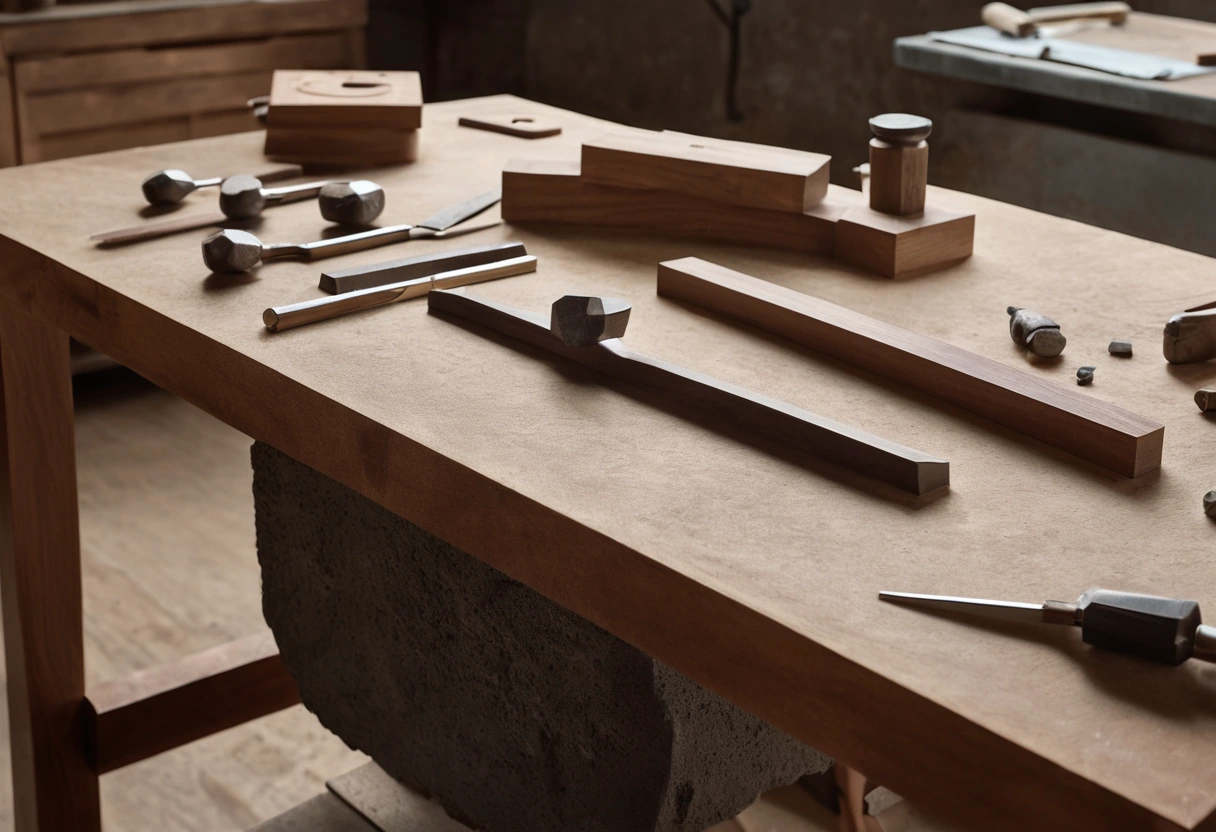 Apprentice workbench with sharpening stones, chisels and practice carving in walnut