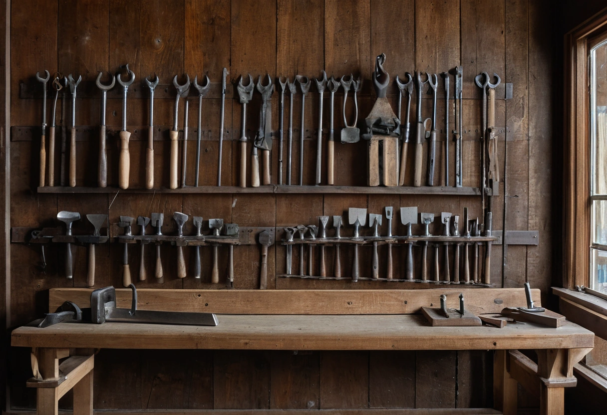 photorealistic photograph of a workshop tool wall with hand planes, chisels, mallets and marking gauges hung